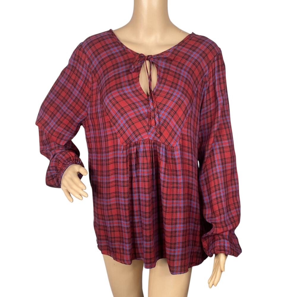 NWT Three Dots Brick Red Plaid Babydoll Top L | Preppy Ruched Puff Sleeve
